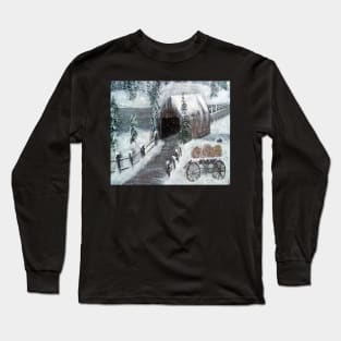 Covered Bridge Country Winter Art Snow on Pines Landscape Snowy Scene Home Décor Gift Long Sleeve T-Shirt
